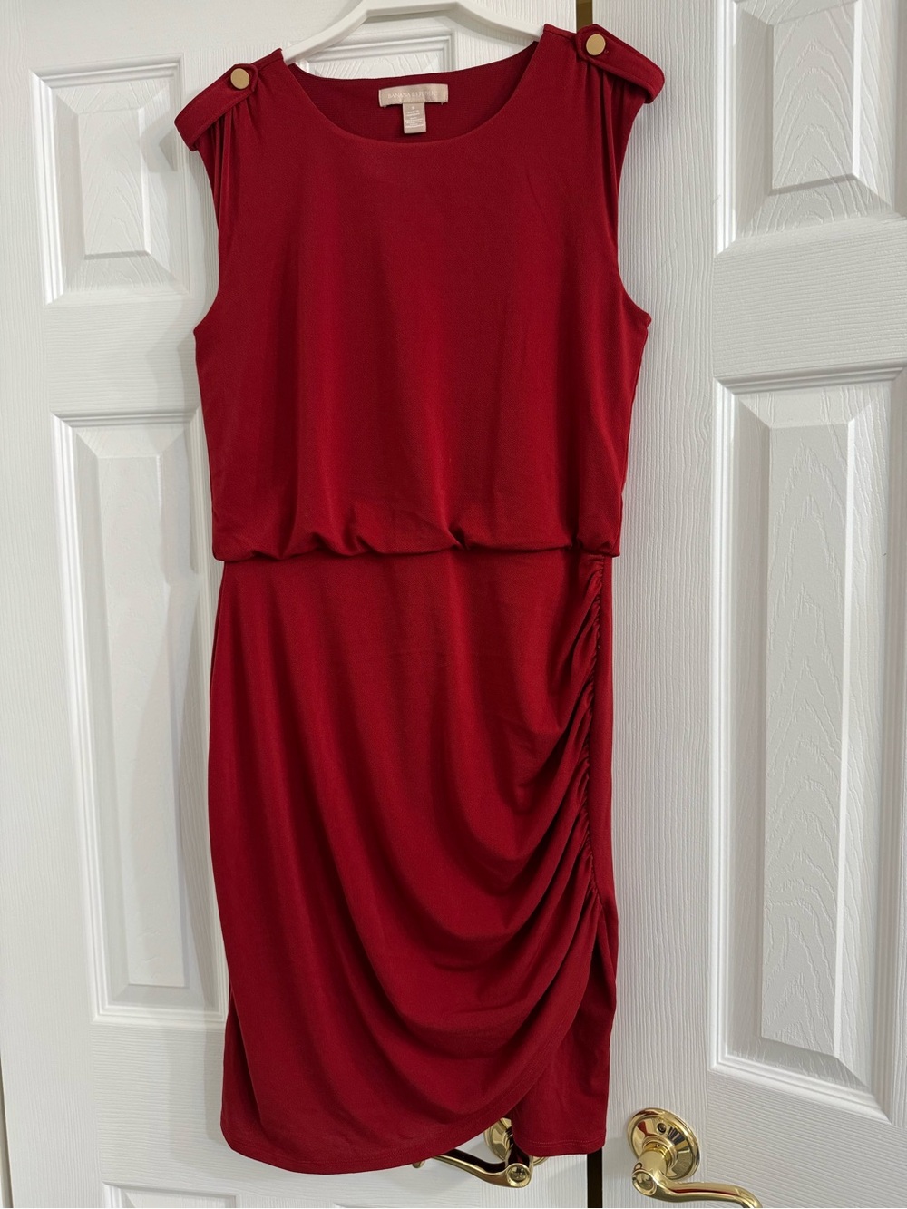 Banana Republic Ruby Red Sleeveless Blouson Dress with Gold Buttons